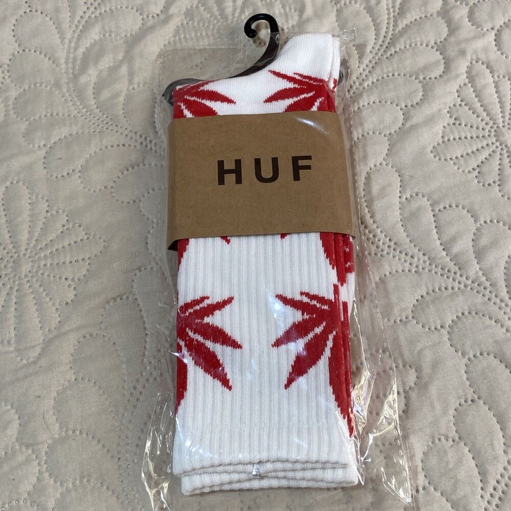 HUF Socks Plant Life Crew Socks White With Red Leaves One Size Cannabis New Wrap